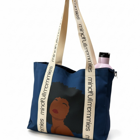 Mindfull Mommies Everyday Reusable Canvas Tote Bag with a Zipper - Blue with a Graphic