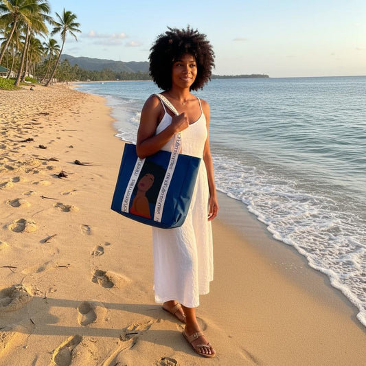 A woman holding a blue Mindfull Mommies tote bag with a graphic design on a beach