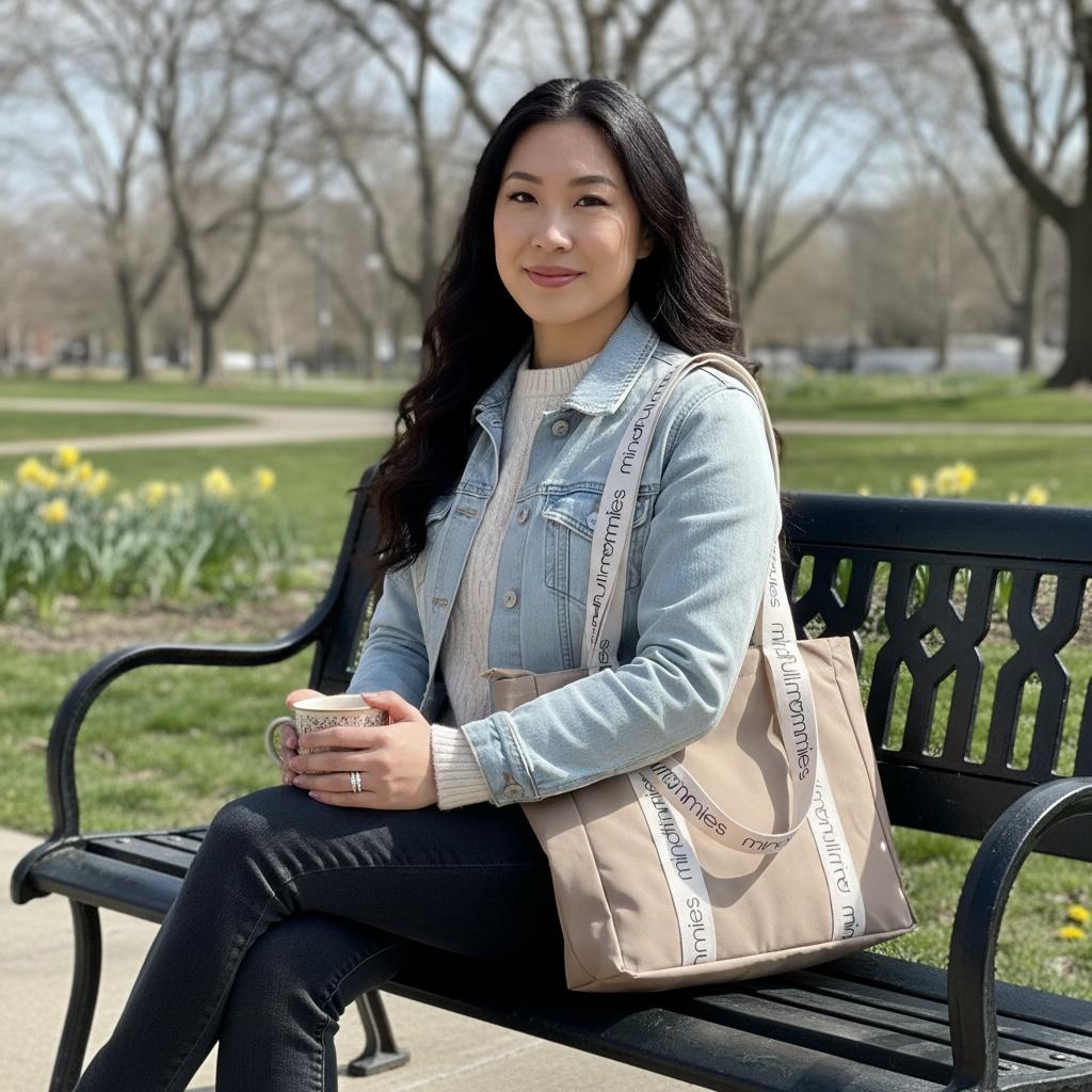 Woman sitting on a park bench holding a cup, with a beige Mindfull Mommies tote bag.