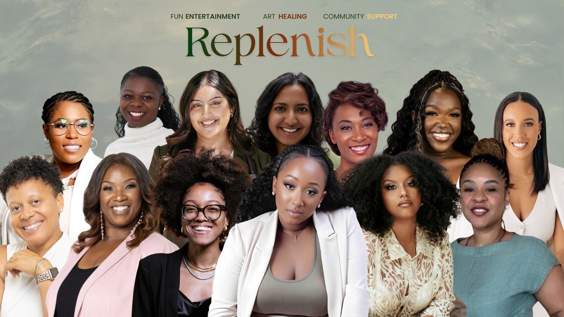 Promotional poster for 'Replenish' featuring a diverse group of women.